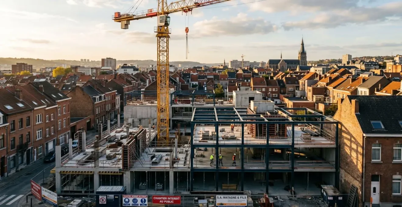 Chantier de construction d'un immeuble résidentiel moderne en Belgique avec grue, structure en béton et acier partiellement achevée, quartier urbain existant en arrière-plan
