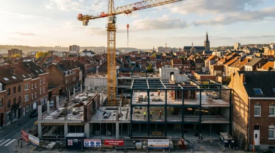 Chantier de construction d'un immeuble résidentiel moderne en Belgique avec grue, structure en béton et acier partiellement achevée, quartier urbain existant en arrière-plan