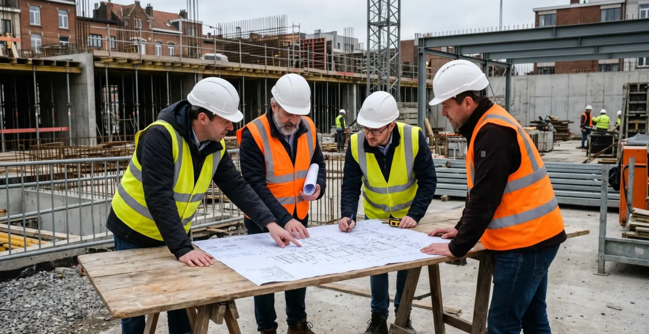 Réunion de coordination sur un chantier belge avec chef de projet, architecte et ingénieur en gilets haute visibilité examinant des plans architecturaux